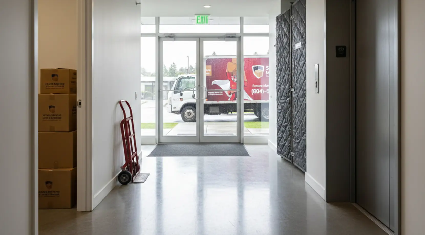 Apartment lobby with stacked moving boxes, a hand truck, and a moving truck outside the glass doors, illustrating how long does it take to move a studio apartment.