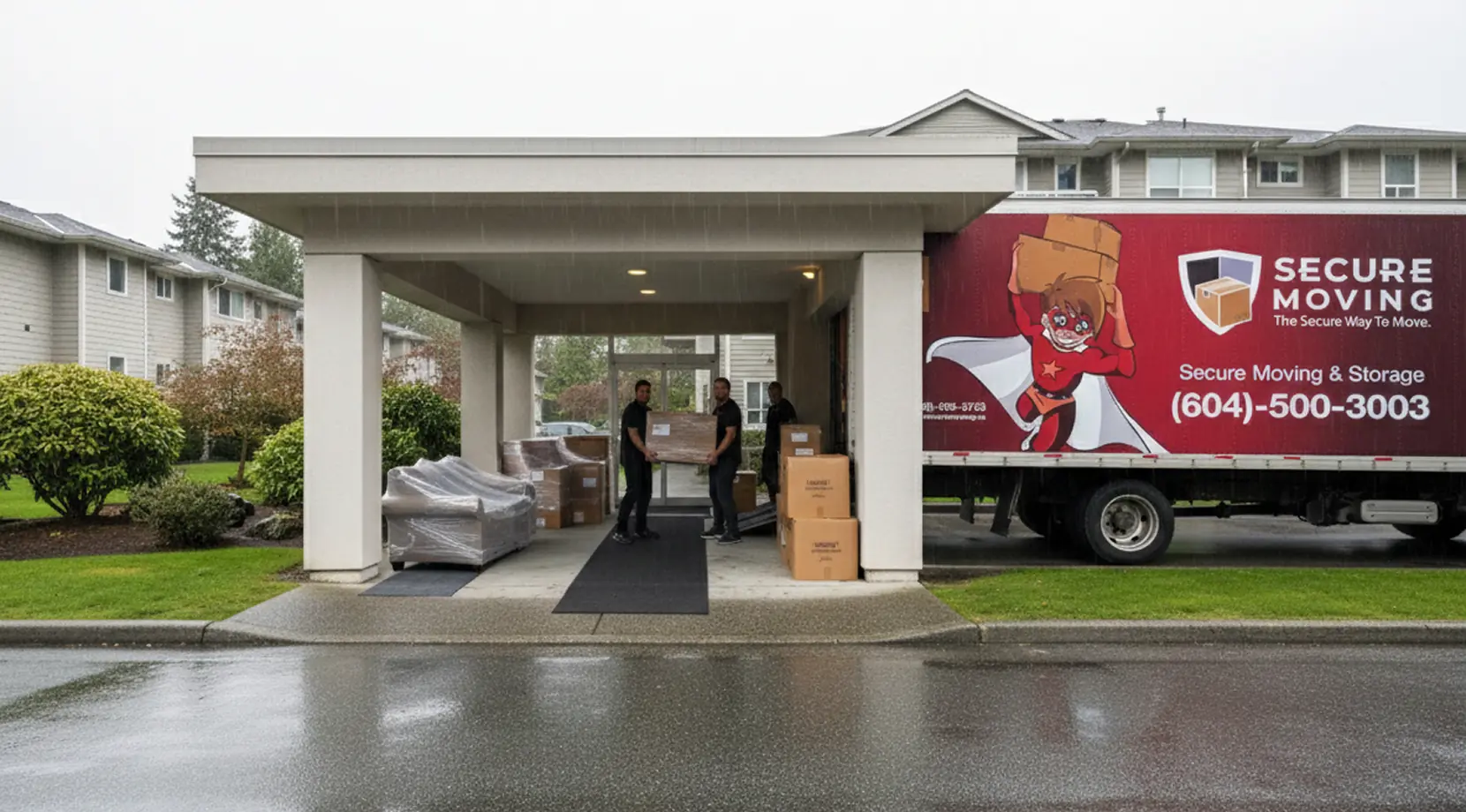 Movers loading boxes under a covered entrance beside a moving truck during moving in the rain