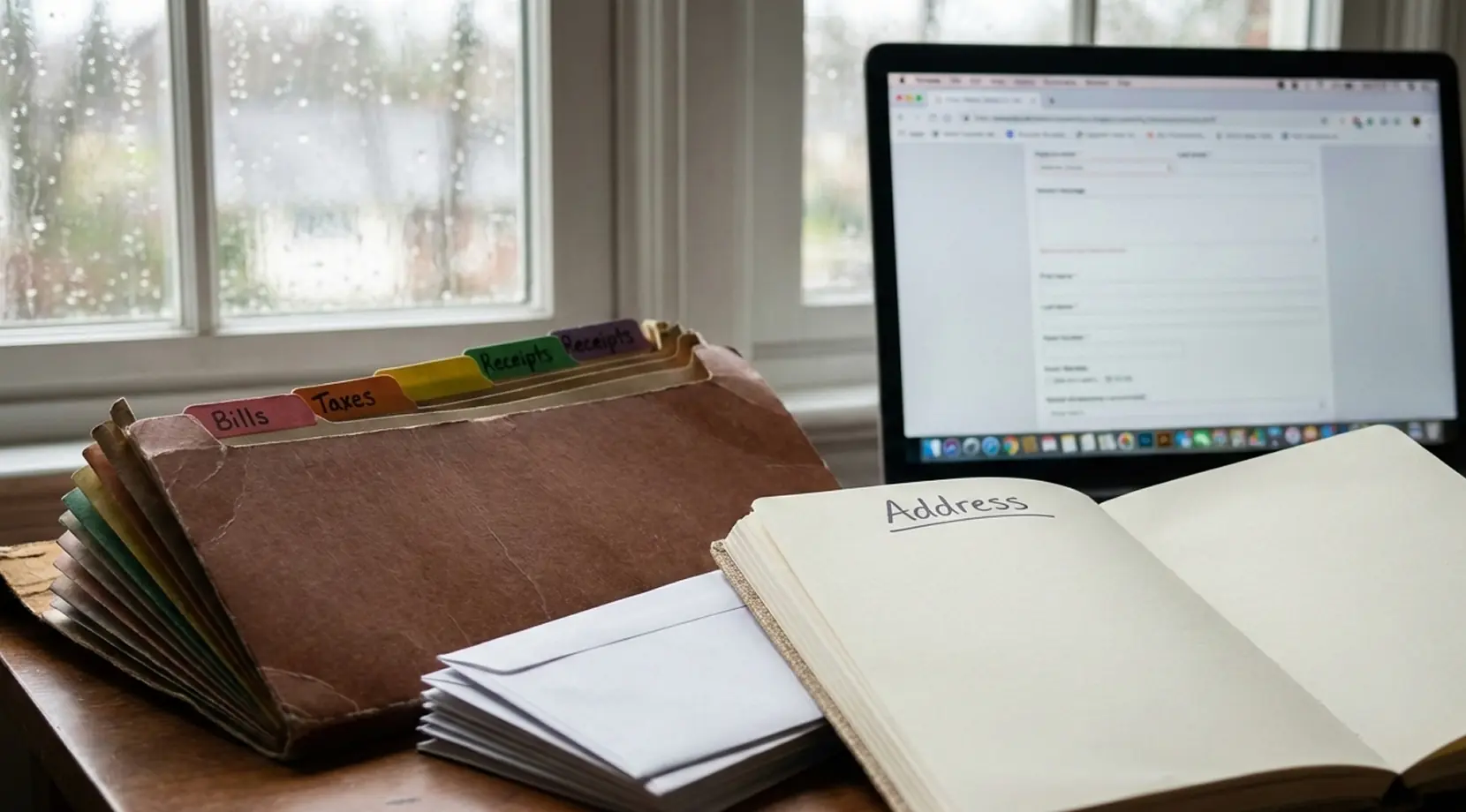 Address-change notebook and sorted folders beside a laptop, showing tips for stress free moving in Vancouver
