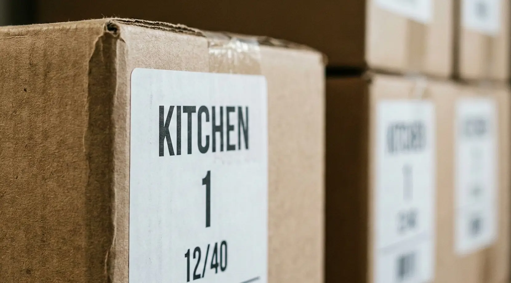 Close-up of a numbered “Kitchen” moving box label, matching Stress Free Moving tips in Vancouver