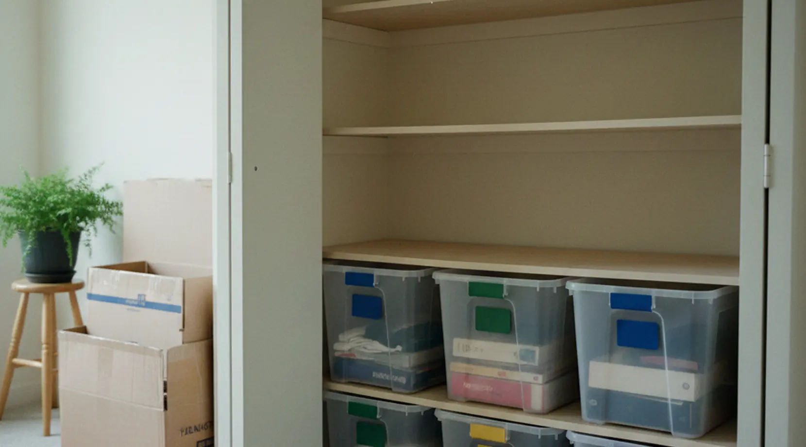 Neatly organized closet with labeled storage bins and cartons, a professional organizers tips for a stress free move in Vancouver