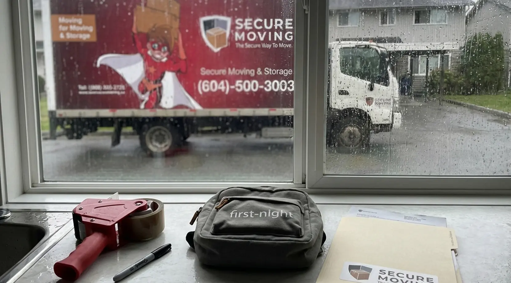 First-night kit, packing tape, and moving paperwork by a rainy window with the truck outside, tips for stress free moving house in Vancouver