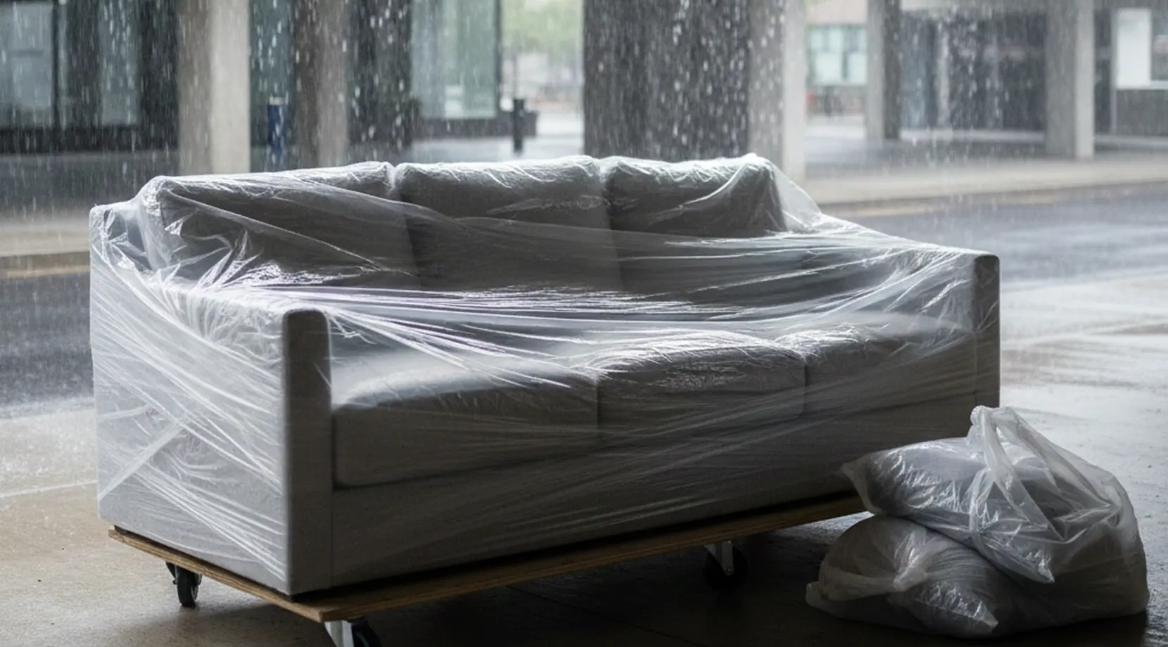 Plastic-wrapped sofa on a dolly under heavy rainfall, moving furniture in the rain.