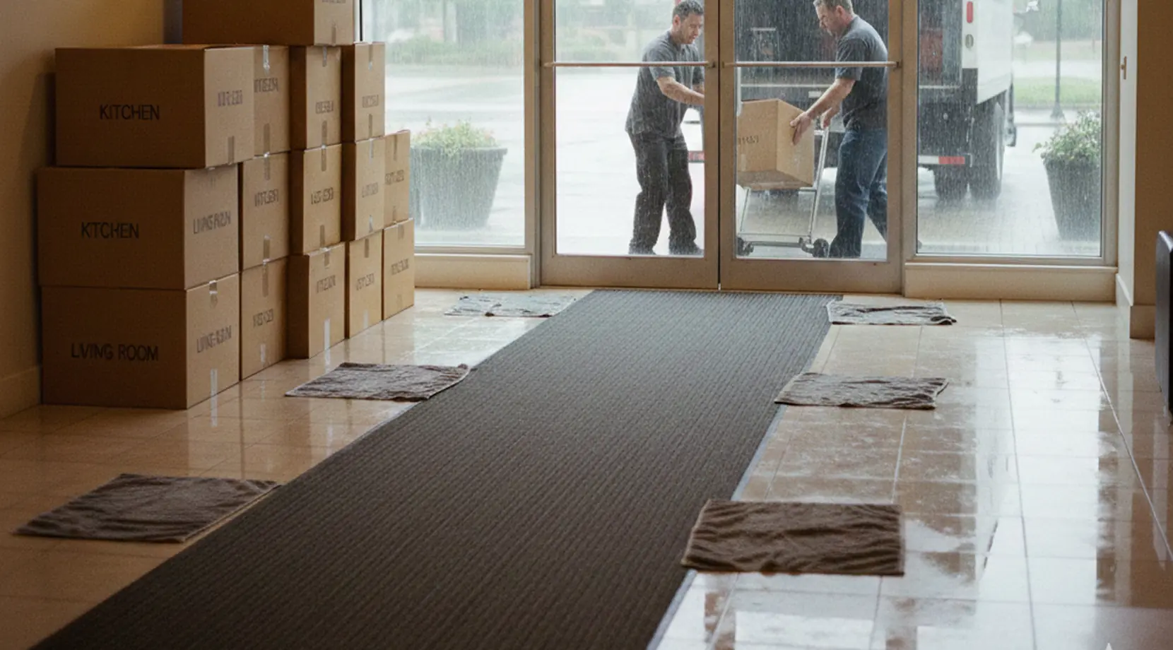Apartment lobby with stacked boxes as movers bring items inside from a truck outside, moving a couch in the rain