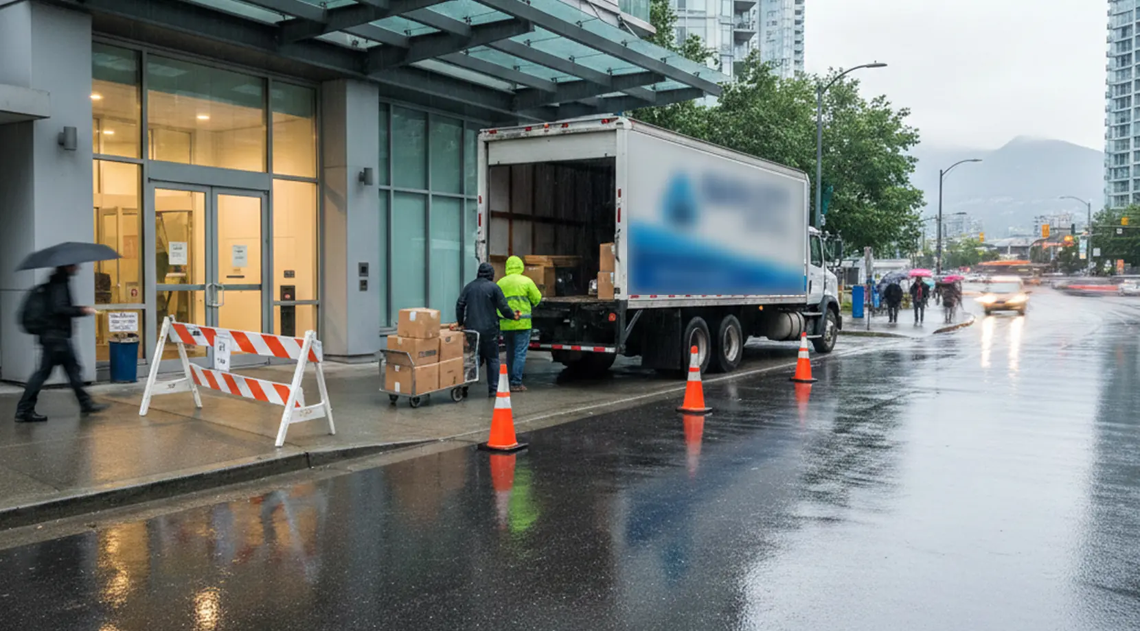 Downtown condo loading zone with a moving truck and cones on a wet street, moving in the rain tips in action
