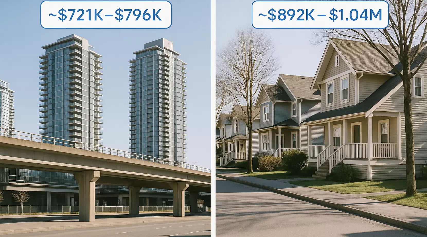 Visual comparison of Burnaby housing prices across condo towers and wood-frame streets, with tags showing higher near Metrotown and Brentwood and softer prices farther from SkyTrain, highlighting neighborhood micro-location differences.
