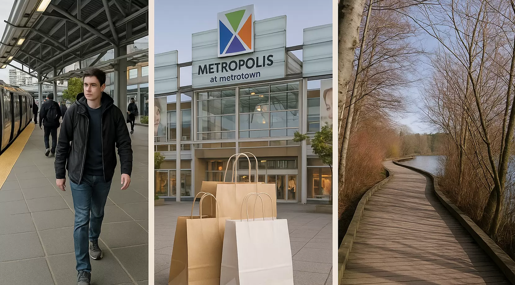 Triptych showing a daily Burnaby routine: leaving SkyTrain at Metrotown, carrying light shopping bags, then walking a tree-lined trail by Deer Lake, highlighting convenient errands and nearby green space.
