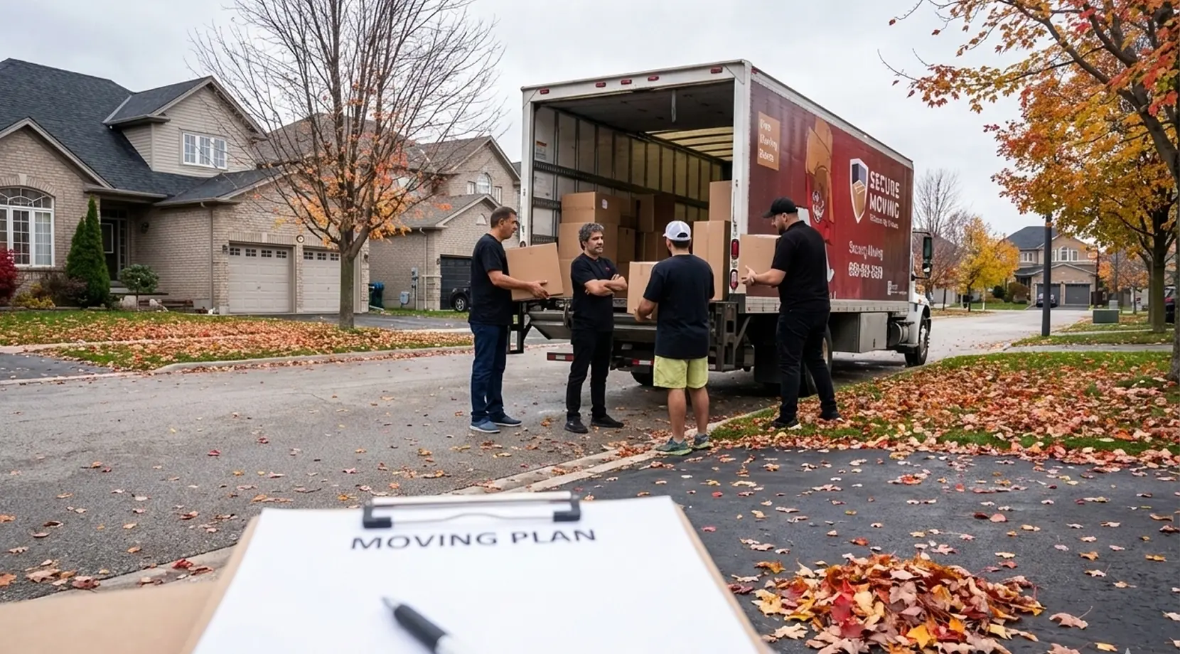 Crew loading boxes on a leafy street with a Moving Plan clipboard, showing fall as the best time to move in Canada outside peak moving season.