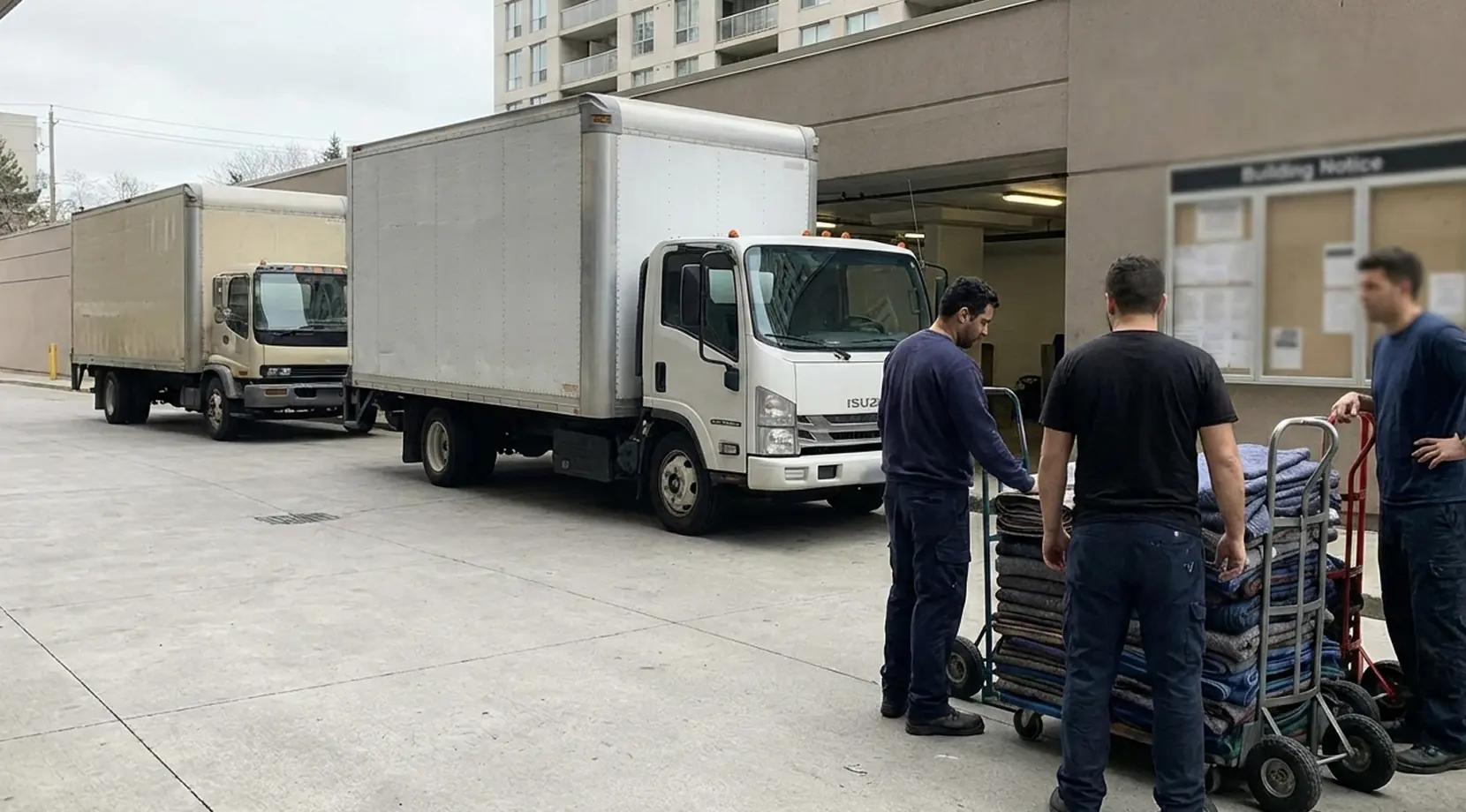High-rise loading bay with moving trucks and pads, a practical scene for spring moving in Canada and scheduling around peak moving season Canada.