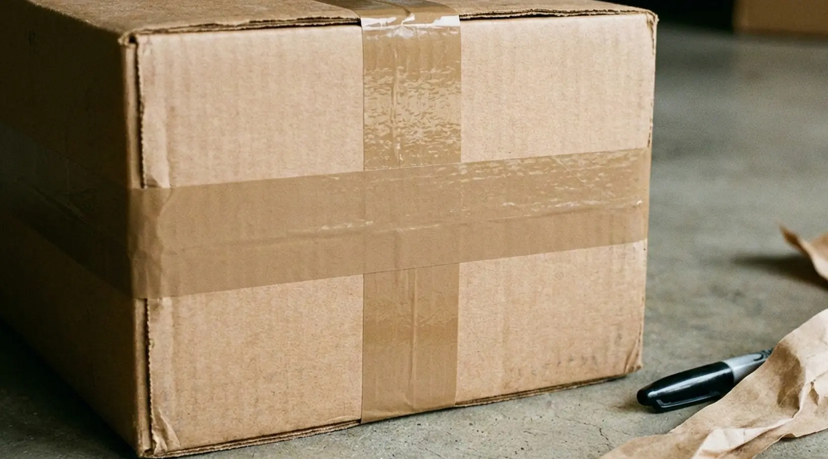 Fragile items packing close-up: sealed cardboard box taped in a cross pattern beside packing paper and a marker.