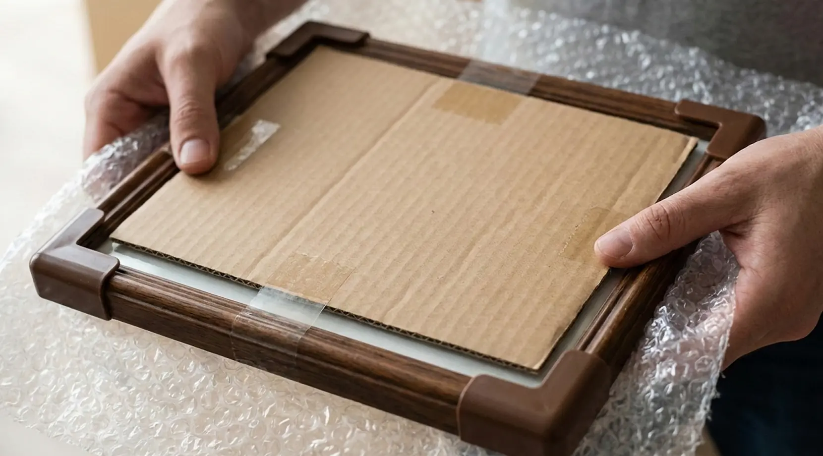 How to pack fragile items: hands protecting a picture frame with bubble wrap and cardboard corner guards before boxing.