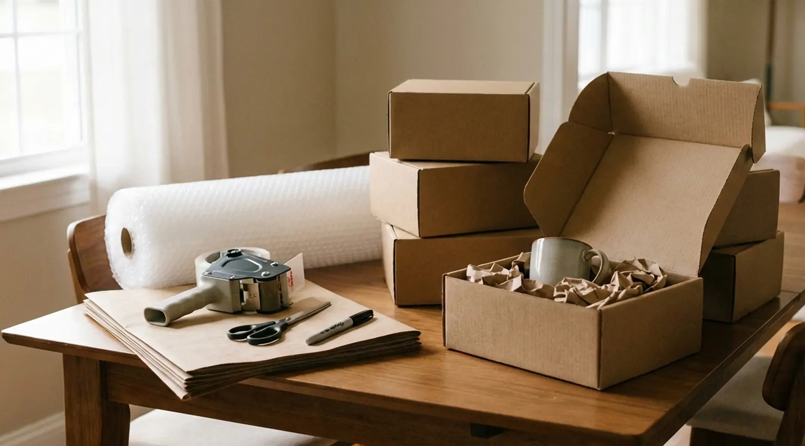 Packing fragile items for moving: packing station with bubble wrap roll, tape dispenser, scissors, and small boxes filled with crumpled packing paper.