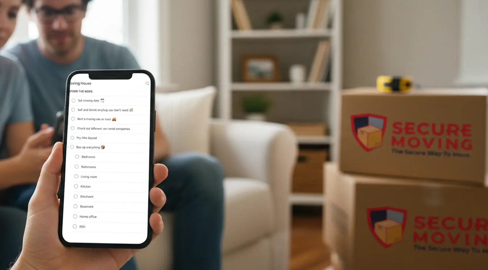 Couple checks Best Moving Checklist Apps on a phone to finish tasks like address change apps Canada and utility setup apps Canada.