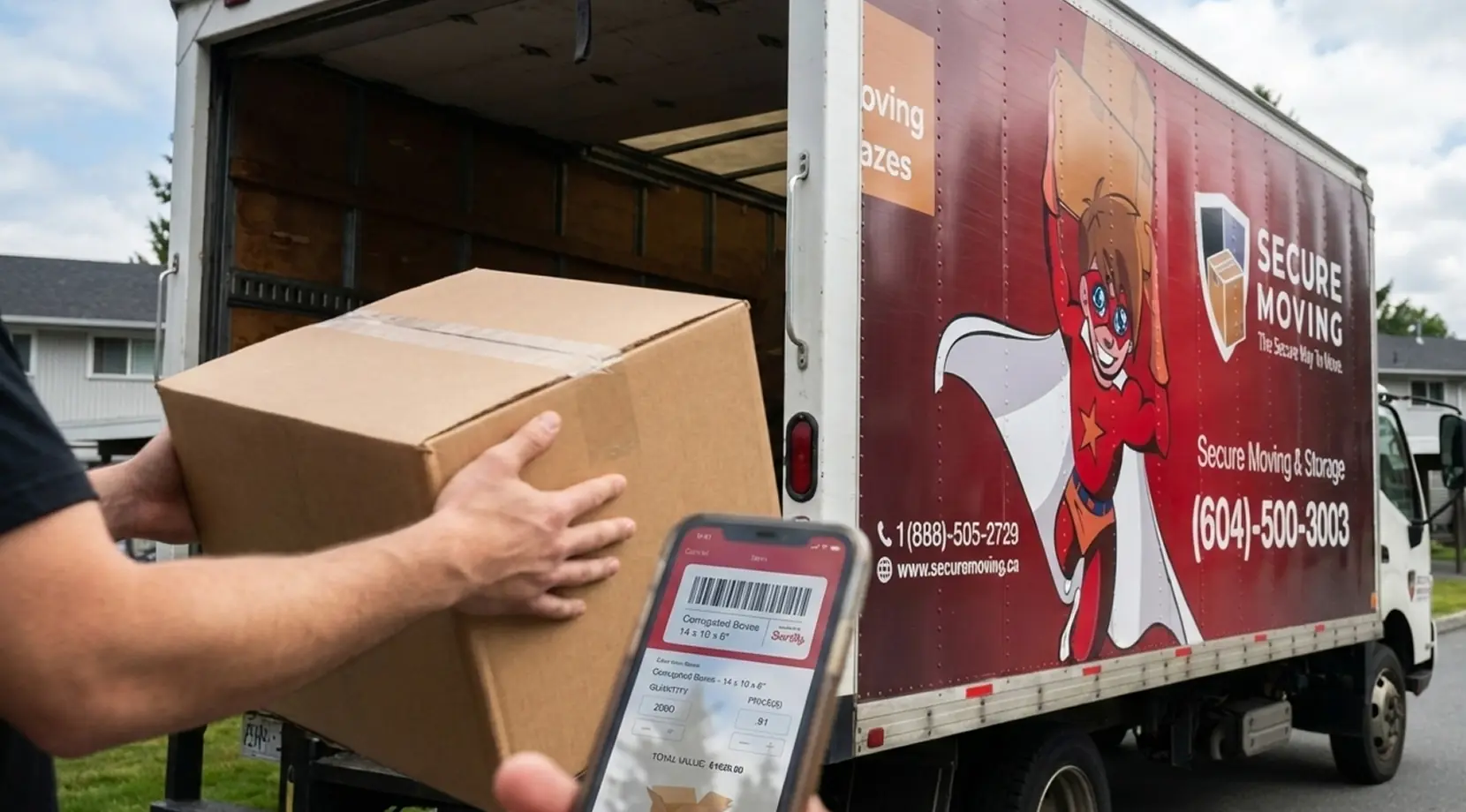 Loader hands a box into a Secure Moving truck as a phone logs inventory with Moving Checklist Apps in Canada.
