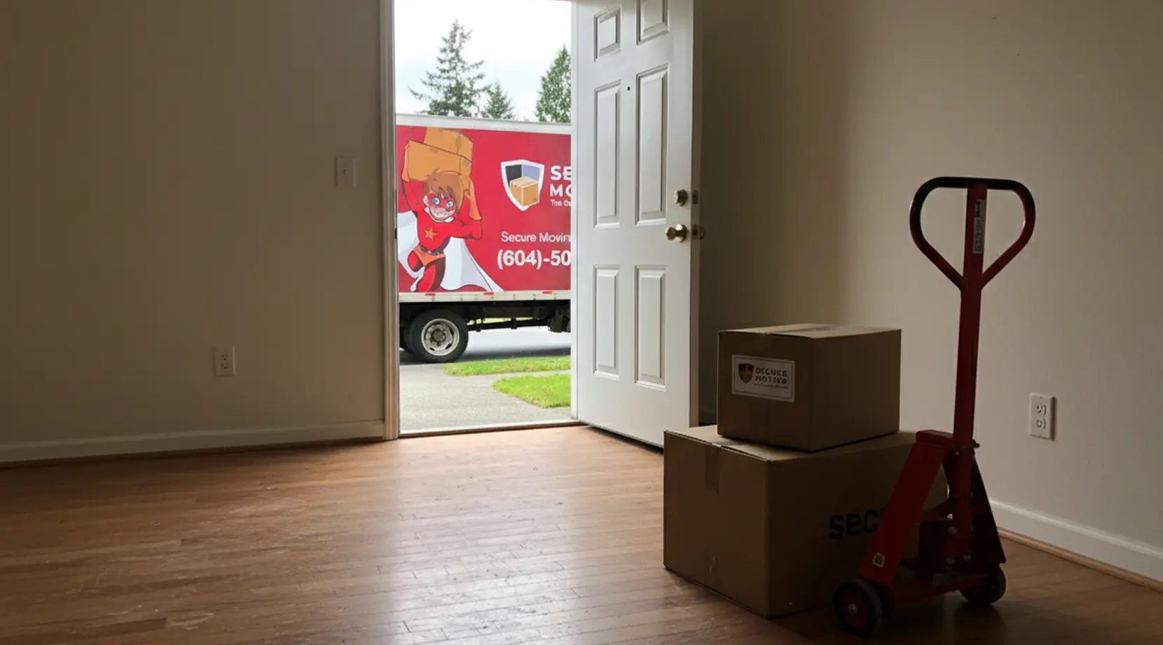 Empty living room with a couple of moving boxes and a red hand truck by the open front door, hinting at the best day of the week to move.