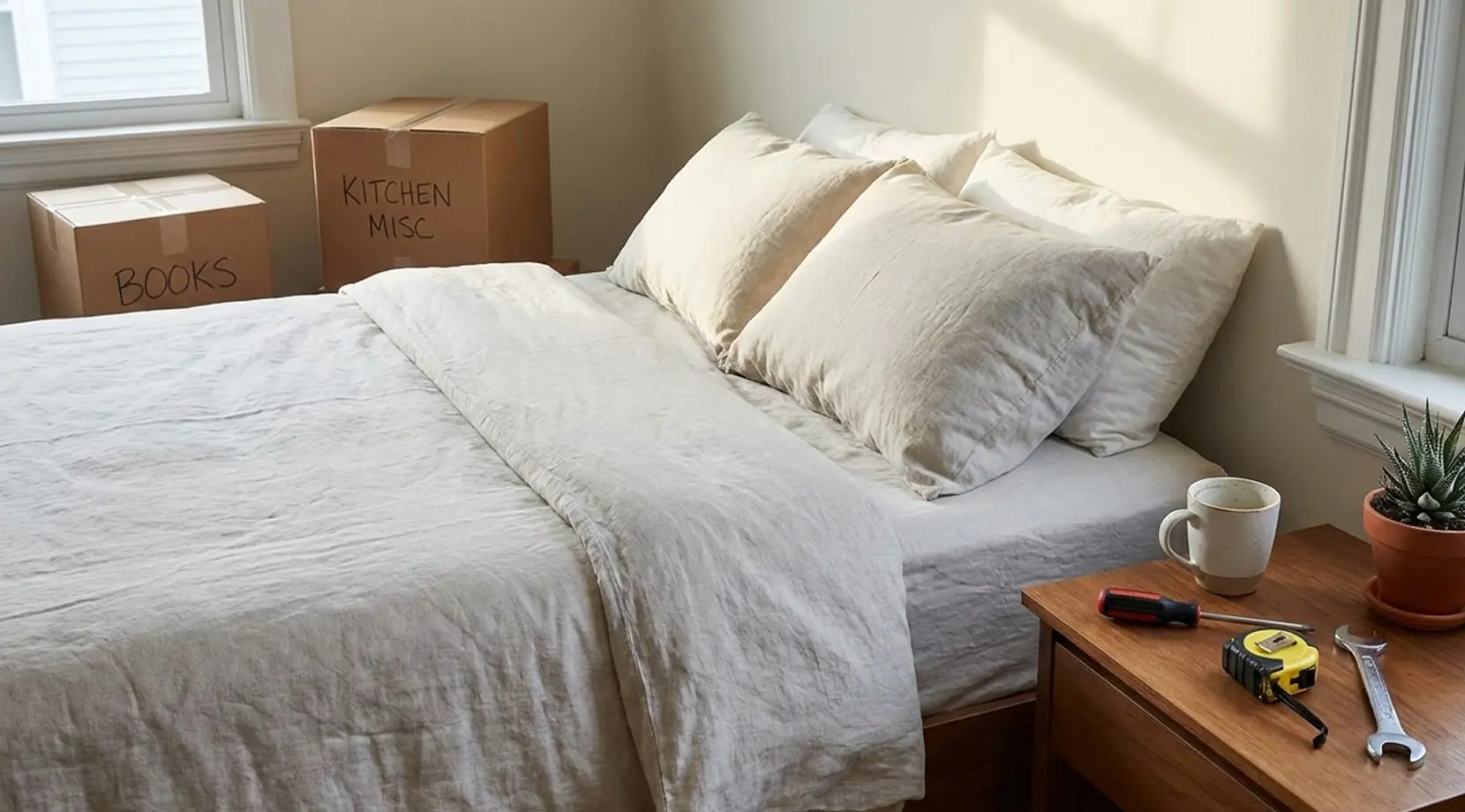Sunlit bedroom with neatly made bed, labeled moving boxes, and packing tools on a nightstand, planning the best day to move in new house.