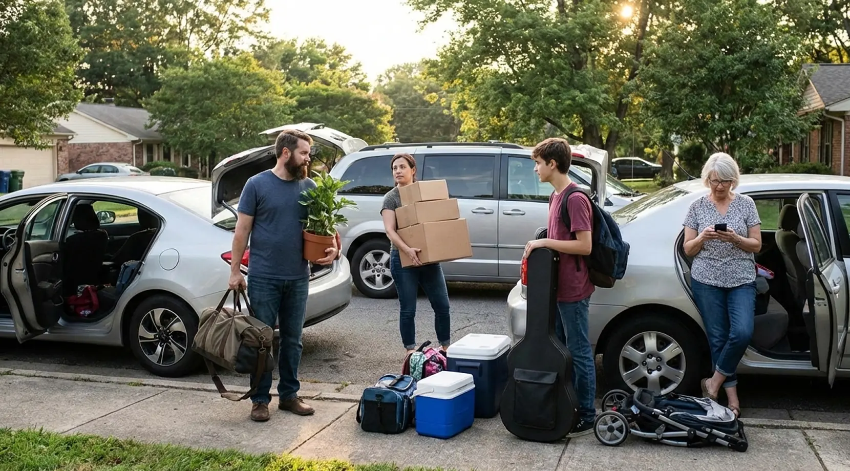 Family loading boxes, bags, and gear into two cars in a suburban driveway, preparing for the best day to move into a new apartment.