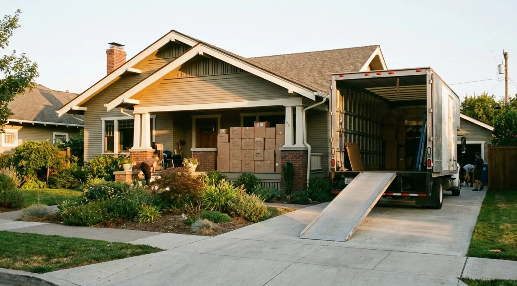Moving truck backed into a driveway with a ramp down and stacks of boxes on a front porch, showing the best day of the week to move setup.