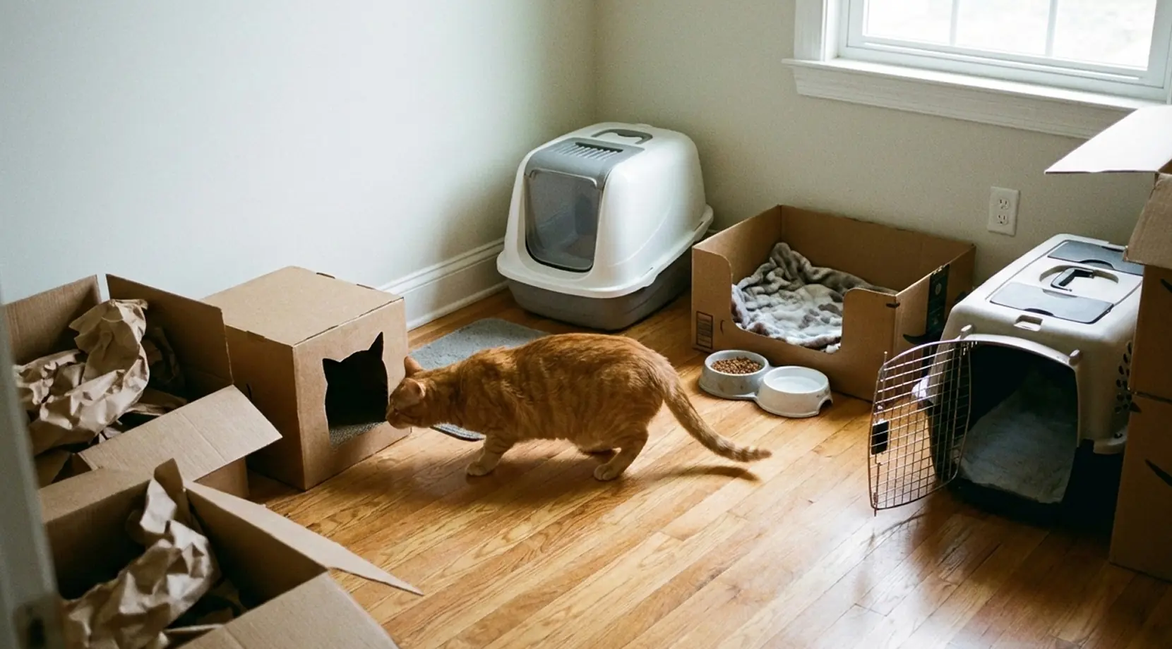 Orange cat exploring a room with litter box, food bowls, and two carriers among boxes, planning moving cats across country in Canada.