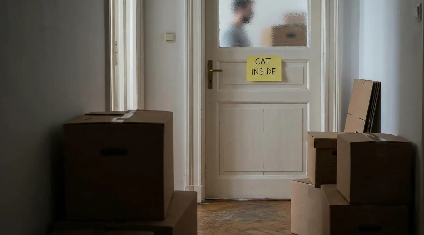 Hallway packed with moving boxes and a ‘CAT INSIDE’ note on the door, prepping for moving cats across country in Canada.