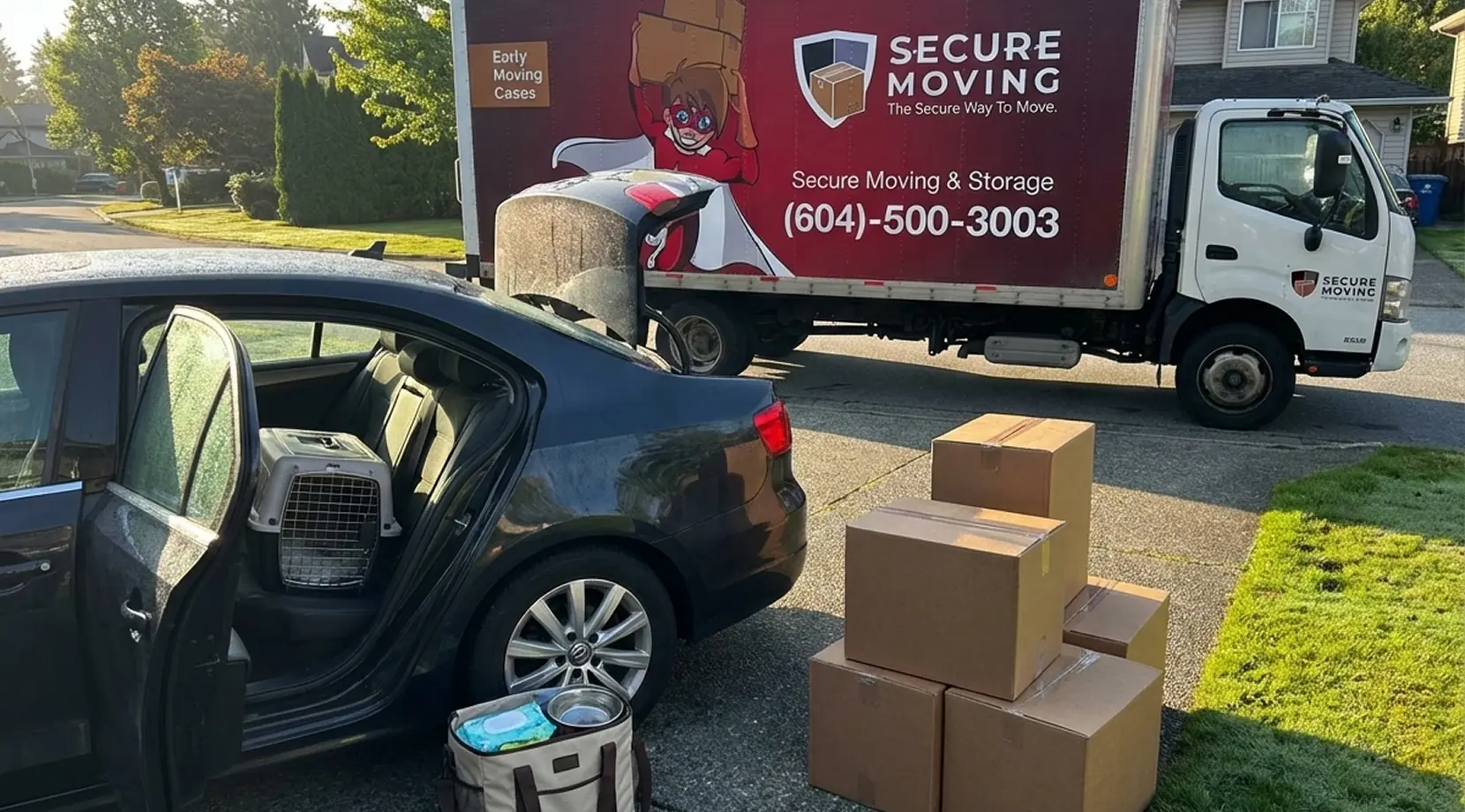 Car loaded for departure with pet carrier and boxes on the driveway beside a moving truck, moving a cat across the country in Canada.