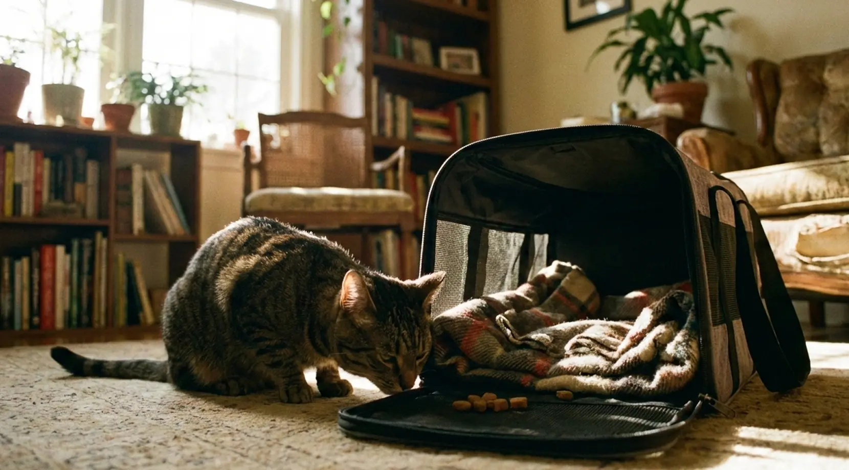 Tabby cat sniffing an open soft carrier on a living room rug, setup for moving across country with a cat.
