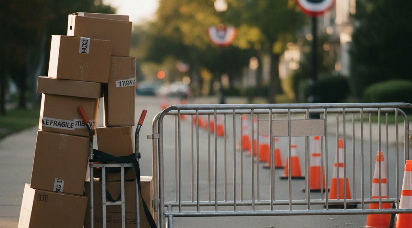 Stack of moving boxes on a dolly beside street barriers and cones, reflecting availability of movers in Canada during peak season.