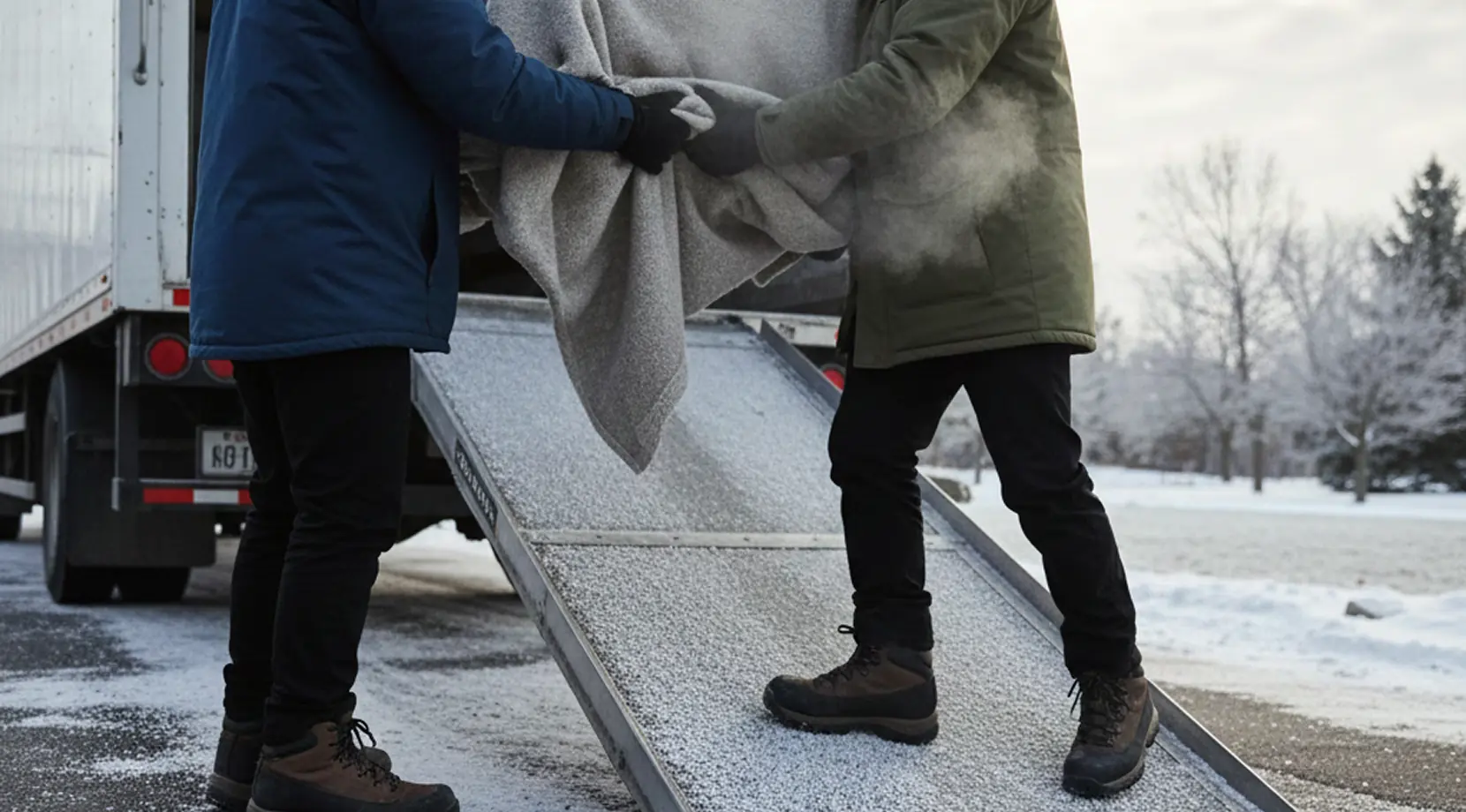 Movers carrying a wrapped item up an icy ramp in snowy weather, comparing moving across Canada winter vs summer for a cross-country move.