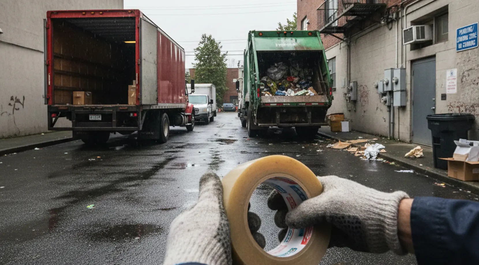 Gloved hands holding packing tape in an alley with a moving truck, highlighting planning a cross country move Canada and the cheapest time to move cross country Canada.
