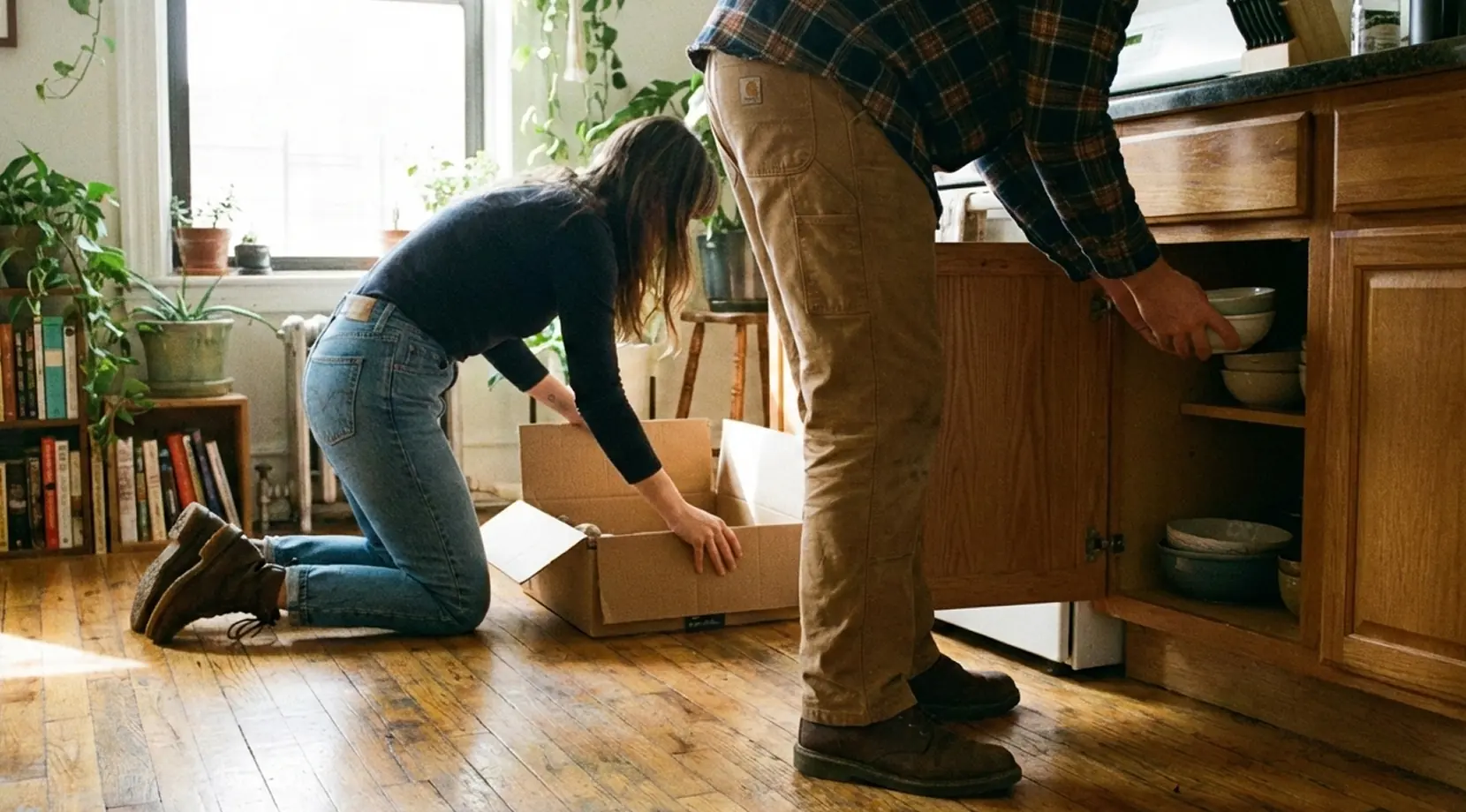 Unpacking After a Move in Vancouver: couple sorts kitchen dishes into an open box beside lower cabinets and houseplants.