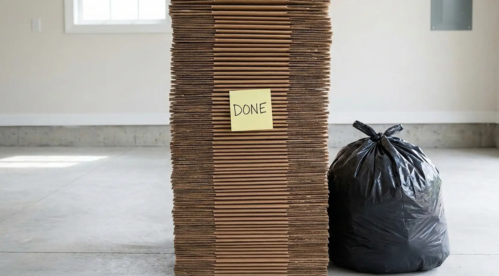 Tall stack of flattened moving cartons with a “DONE” note next to a trash bag, showing how long does it take to unpack after a move.