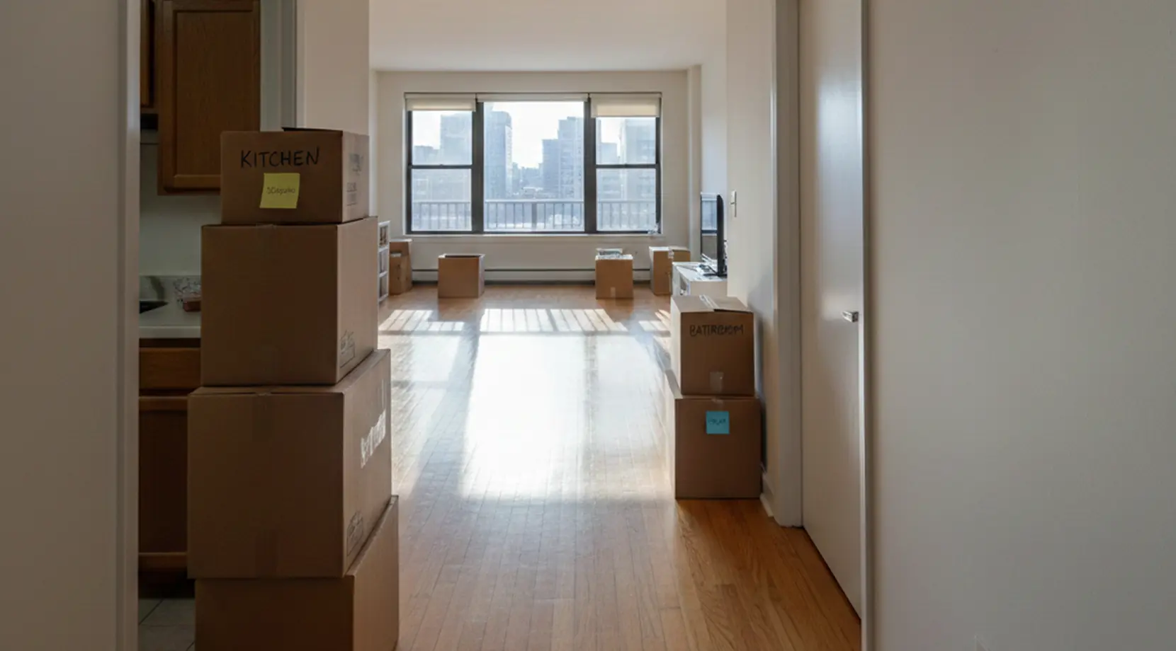 Sunlit apartment hallway with boxes labeled “KITCHEN” and “BATHROOM,” showing the best way to unpack after a move room by room in Vancouver.