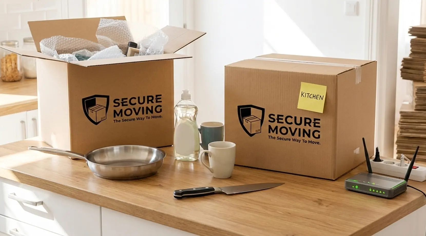 Kitchen counter with labeled cartons, bubble wrap, and small appliances, showing unpacking boxes after a move in a Vancouver home.