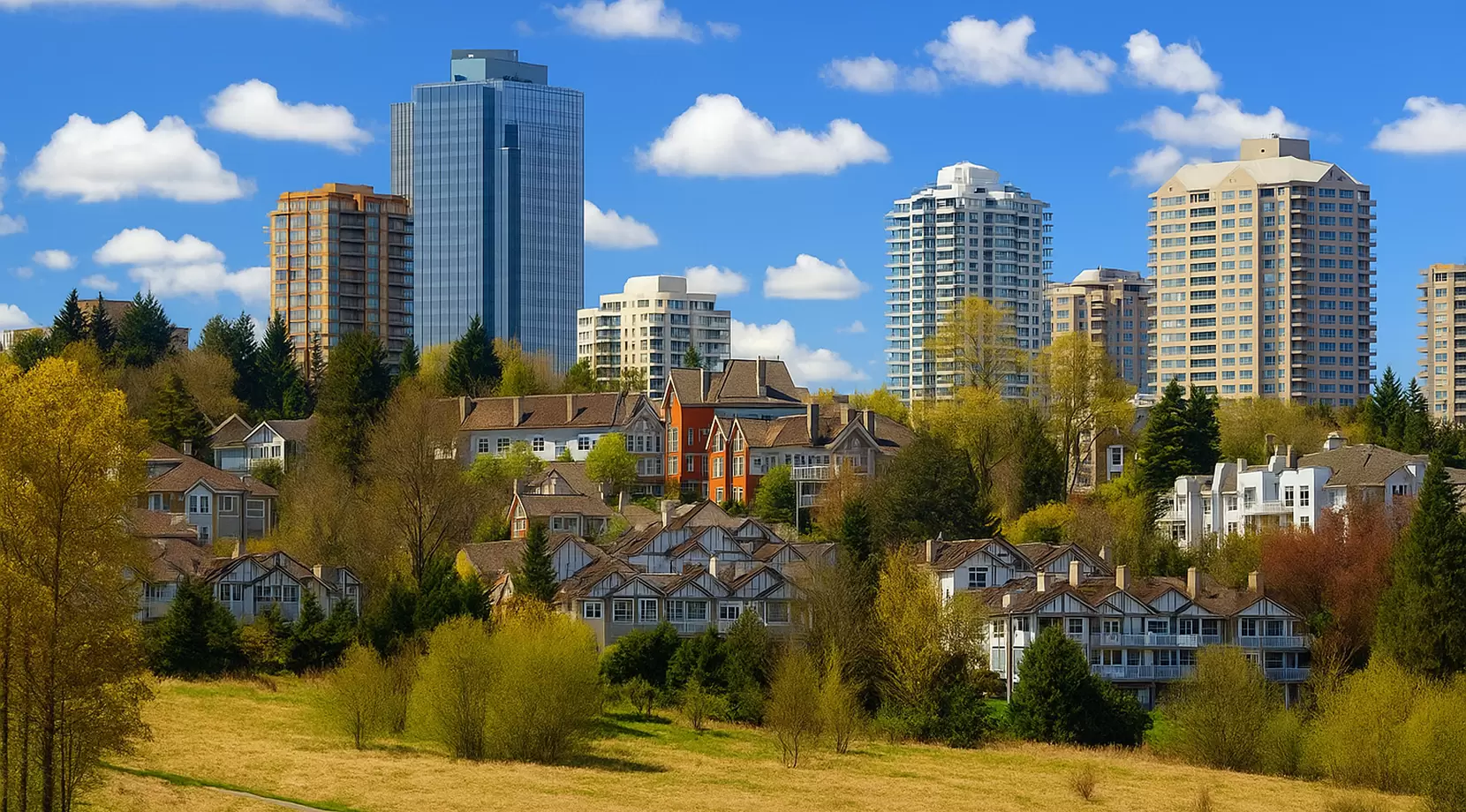 Sunlit Metrotown skyline behind tree-lined neighborhoods and townhomes, pointing to jobs and amenities among the reasons to move to Burnaby.