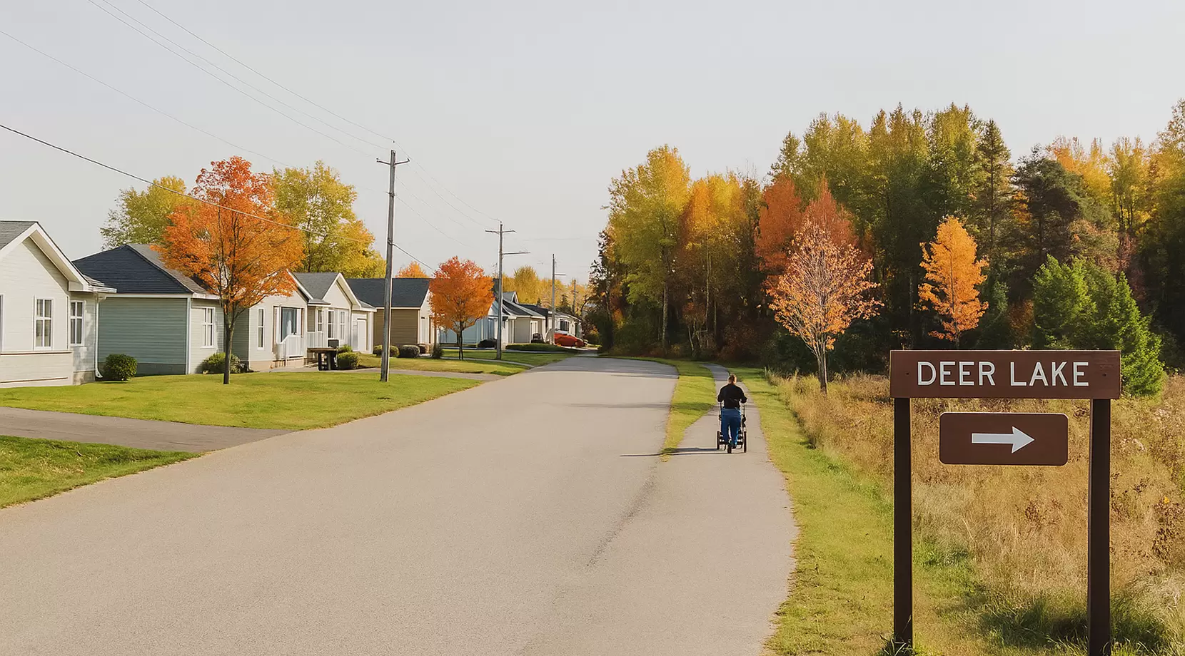 Quiet suburban street by a Deer Lake sign in autumn with a person pushing a stroller, a family-friendly scene answering Is Burnaby a Good Place to Live?