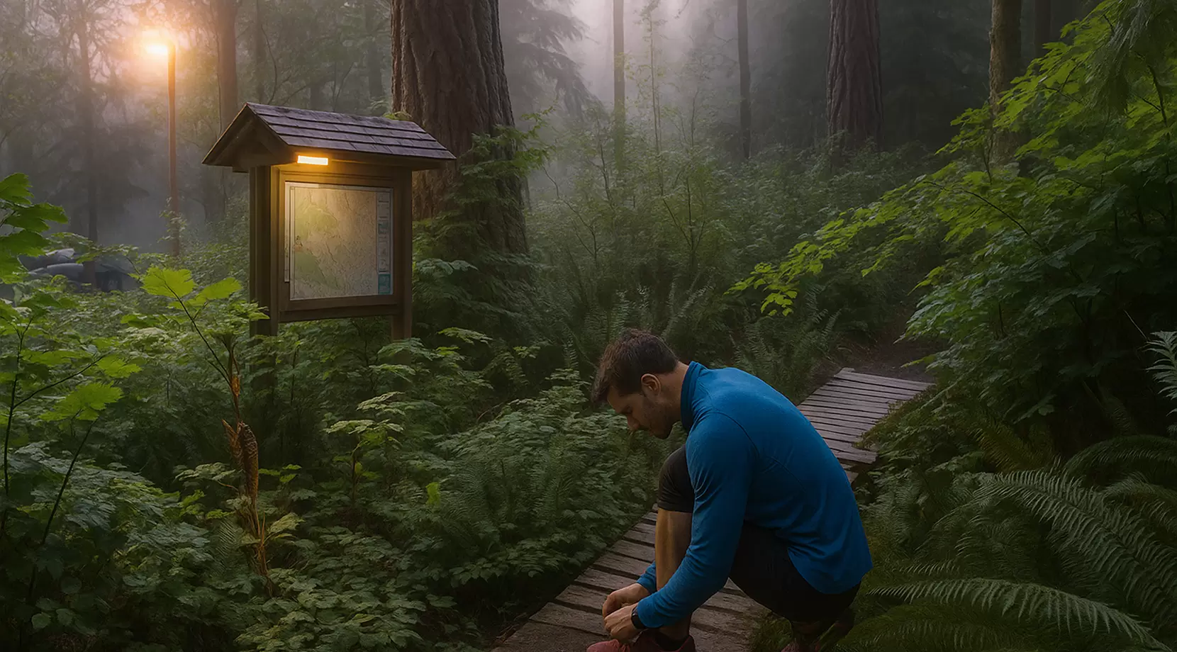 Misty forest trailhead with a lit map board as a runner ties shoes on the boardwalk, highlighting the benefits of moving to Burnaby for nature access.