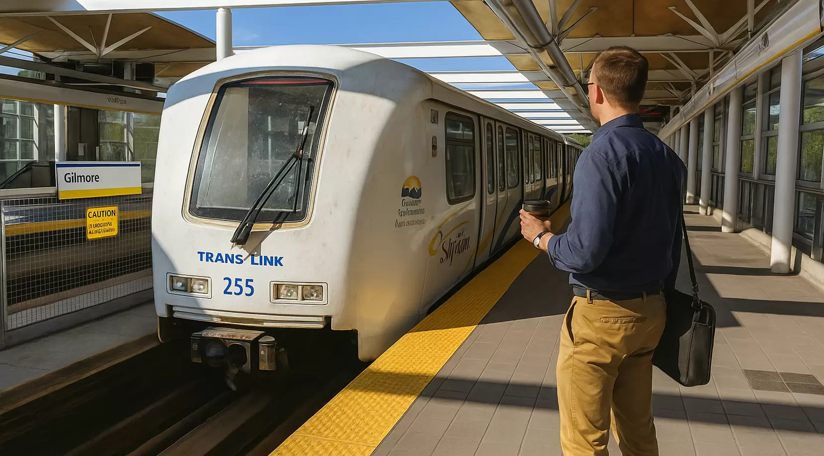 Gilmore Station with an approaching SkyTrain and a commuter holding coffee, showing easy transit as part of the Burnaby lifestyle.
