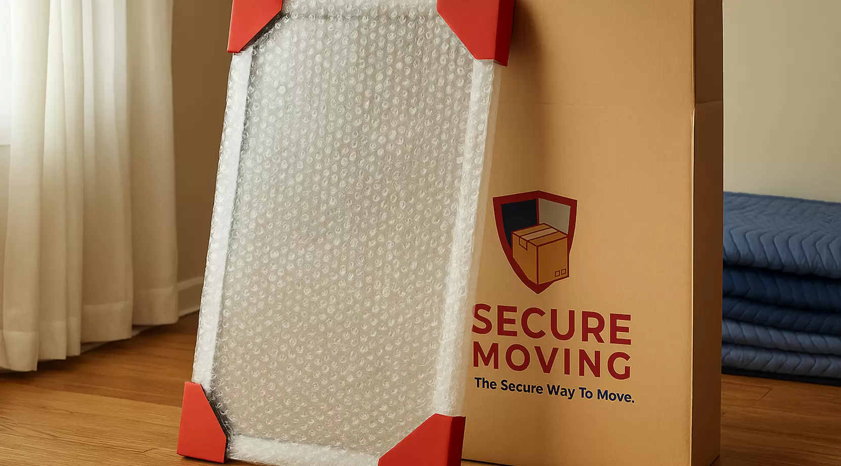 A large mirror wrapped in bubble wrap, corner protectors, and cardboard, sliding into a mirror box on the living room floor. Discreet Secure Moving logo printed on the box corner. Soft window light, materials.
