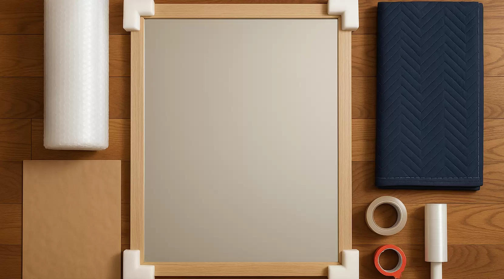 Top-down layout of bubble wrap, packing paper, corner protectors, cardboard panels, packing tape, stretch wrap, mirror box, and moving blankets arranged neatly around a large mirror on a hardwood floor, daylight.