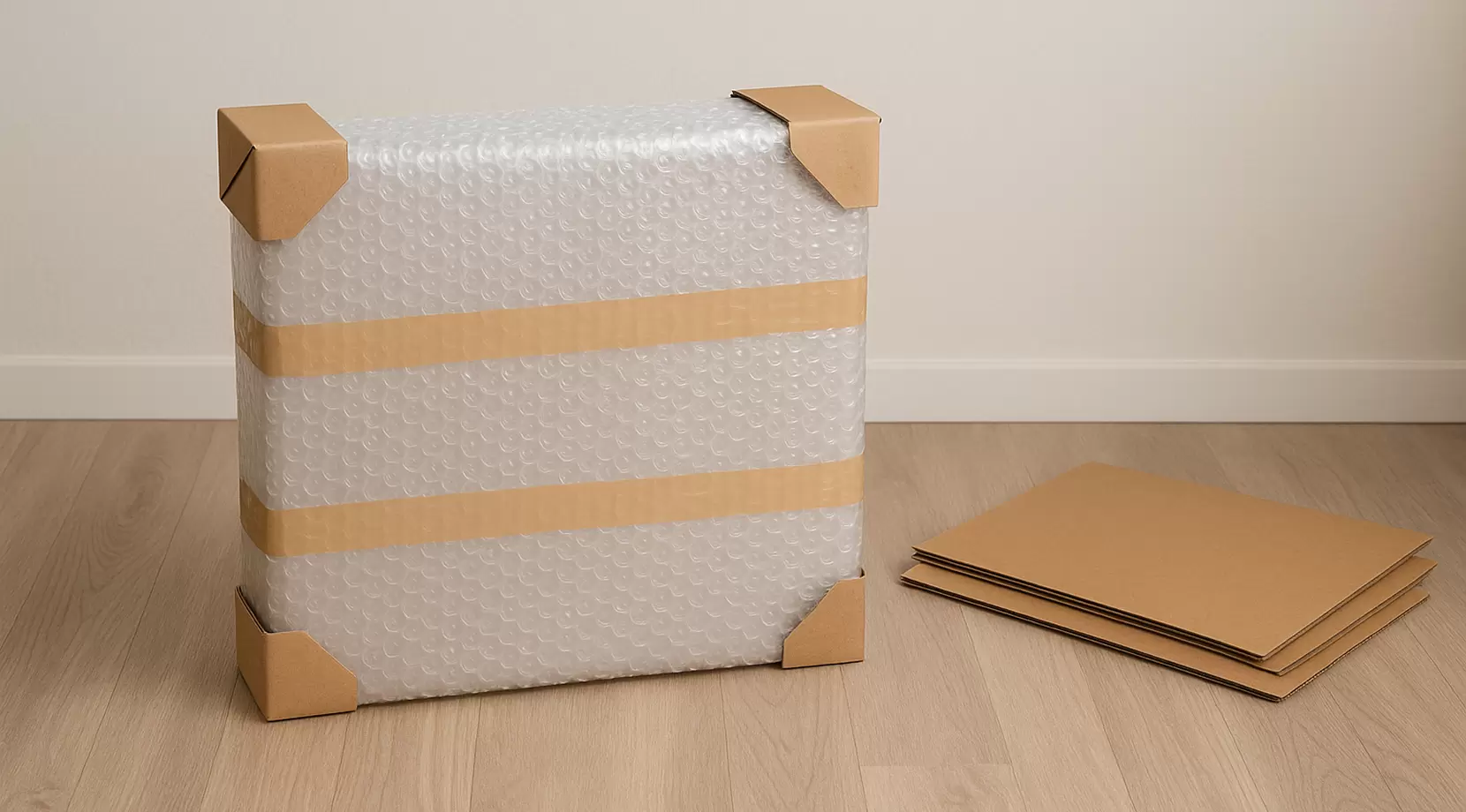 Sequence-like view showing foam corner protectors fitted, then a bubble wrap layer sealed with packing tape around the mirror, cardboard panels waiting nearby, no logos, neutral room, materials and scale.