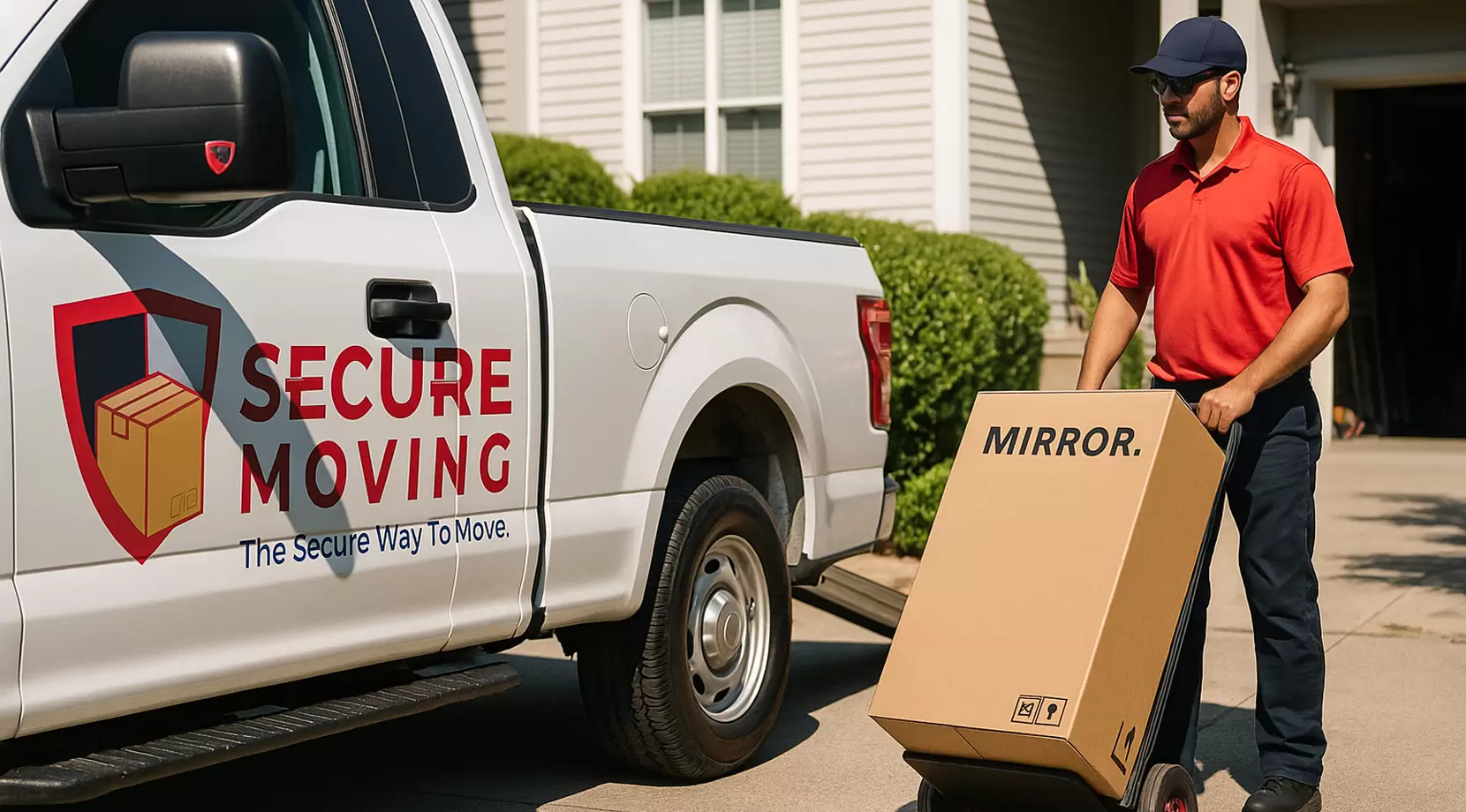 A moving truck parks curbside beside an entrance ramp. The door shows a subtle Secure Moving magnet logo. Crew lifts a mirror box on a dolly, daylight, surroundings, calm scene.