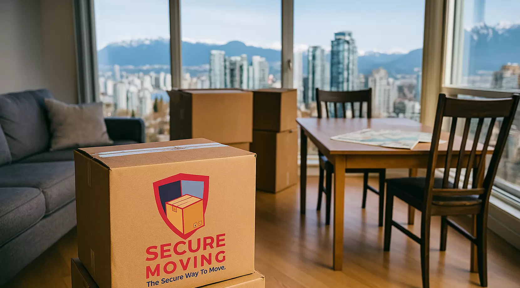 Sunlit Vancouver apartment with skyline and mountains visible, half-packed boxes, folded transit map on the table, and a moving box with SecureMoving logo sticker, showing relocation planning in progress.