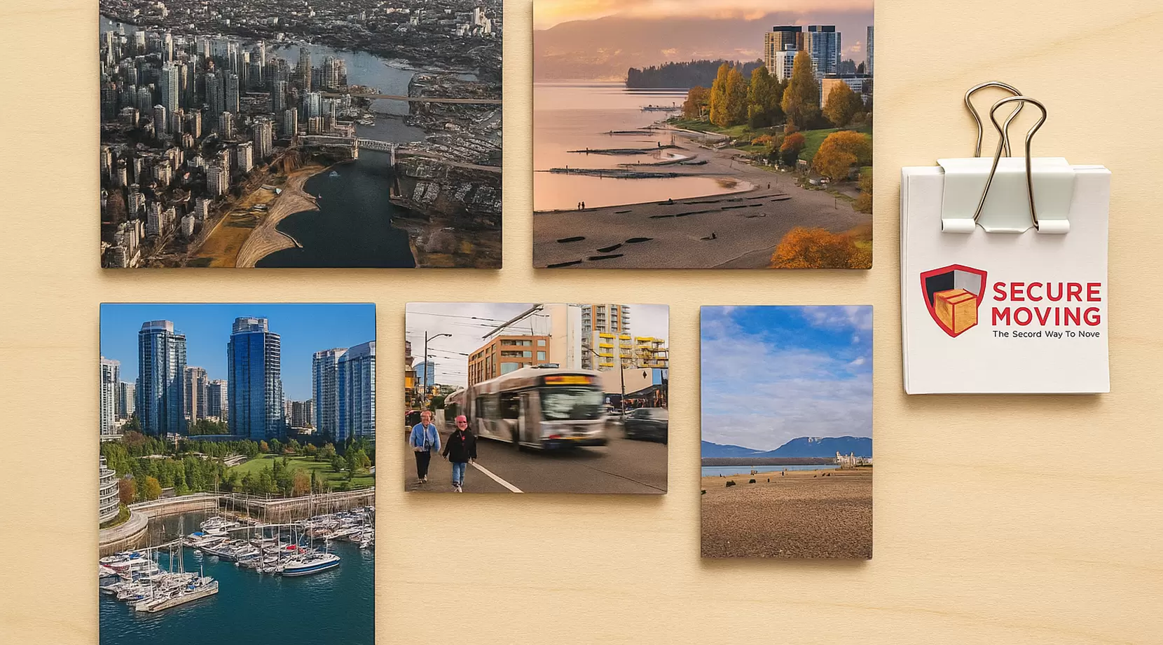 Flat lay grid of neighborhood photos on wooden table, sticky dots marking favorites, binder clip with SecureMoving logo holding a shortlist stack, communicating clear comparison and selection without unnecessary text.