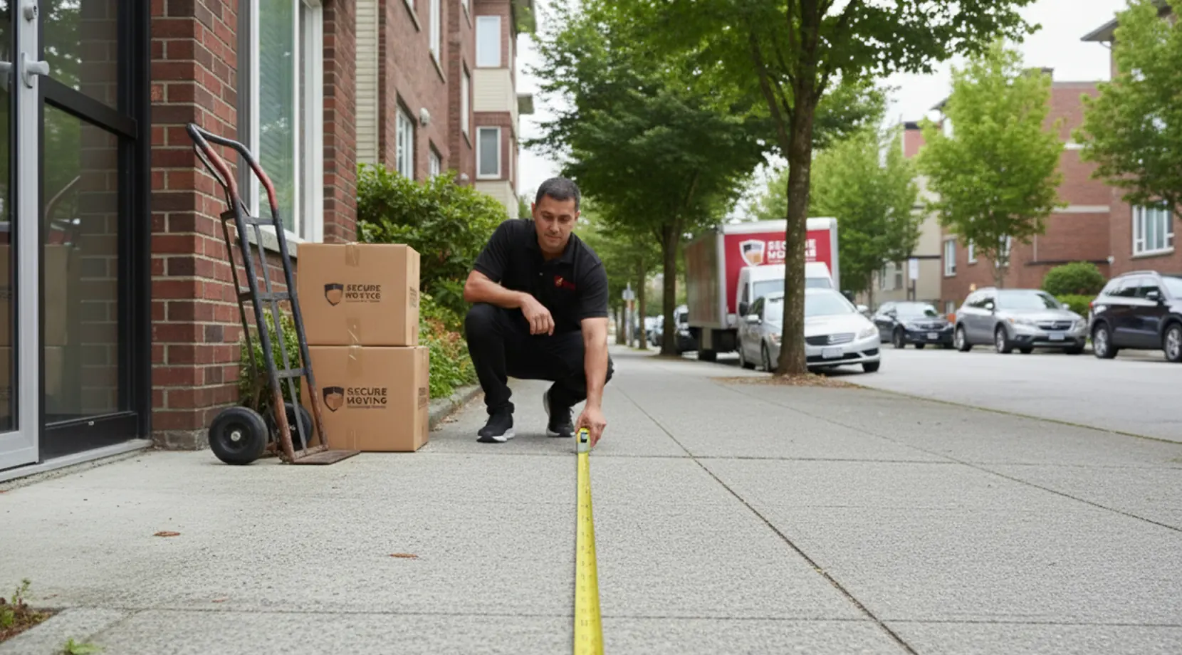 Cheap Movers for Small Moves in Vancouver, measuring curb-to-door distance with tape measure beside a hand truck and labeled boxes.