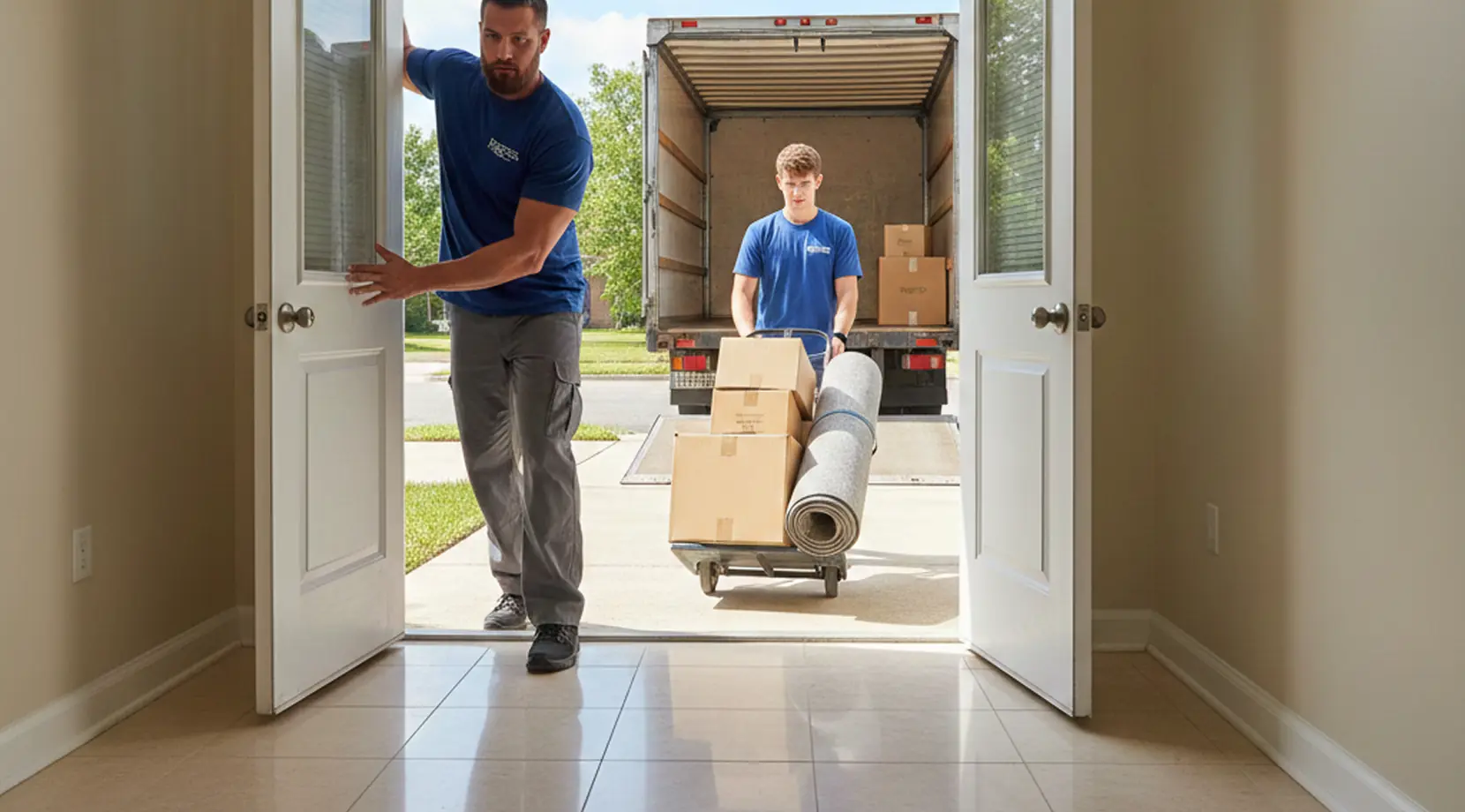 local movers for small moves in Vancouver wheel a small load of boxes and a rolled rug from the truck through open double doors.