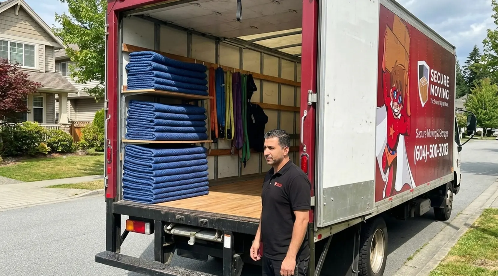 best movers for small moves in vancouver with a small moving truck parked on a residential street, rear door open with stacked moving blankets and tie-down straps ready.