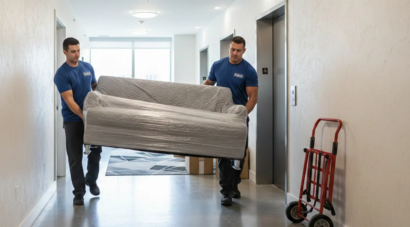 professional movers for small move in Vancouver carry a plastic-wrapped sofa down an apartment hallway, with a red dolly parked by the wall.