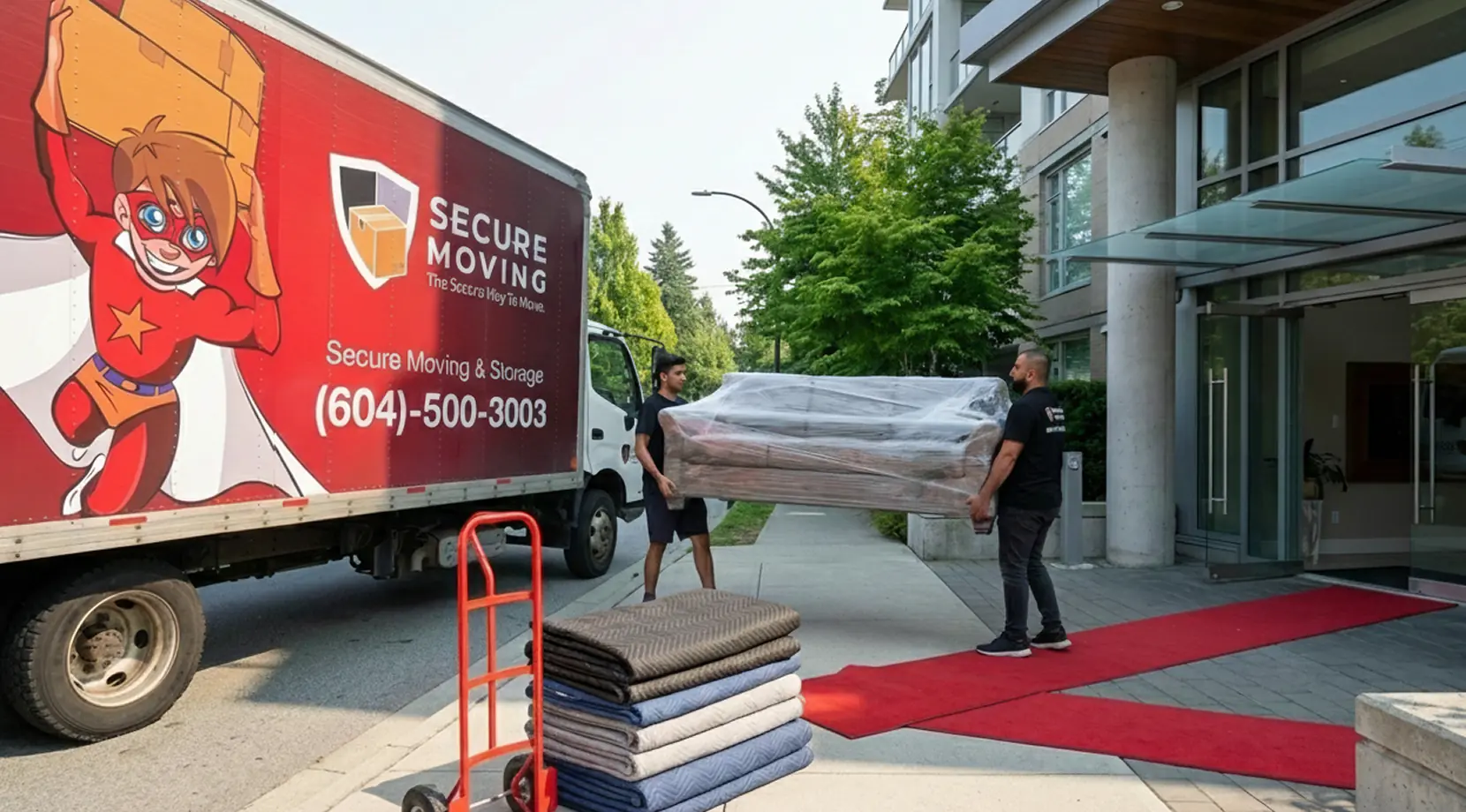 Movers unloading a wrapped sofa from a moving truck outside a condo entrance, affordable single item movers Vancouver BC.