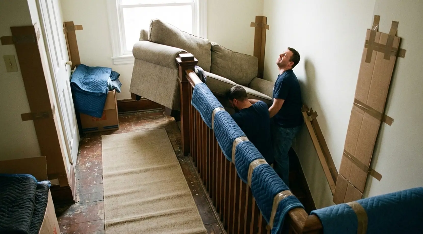 Two movers carrying a couch up a tight staircase with padding on the rails, professional single item movers Vancouver for bulky furniture.