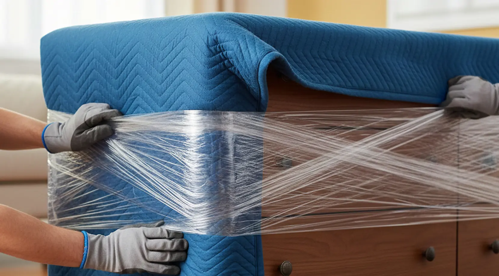 Gloved hands wrapping a wooden dresser with a moving blanket and stretch wrap, a moving service for one item in Vancouver.